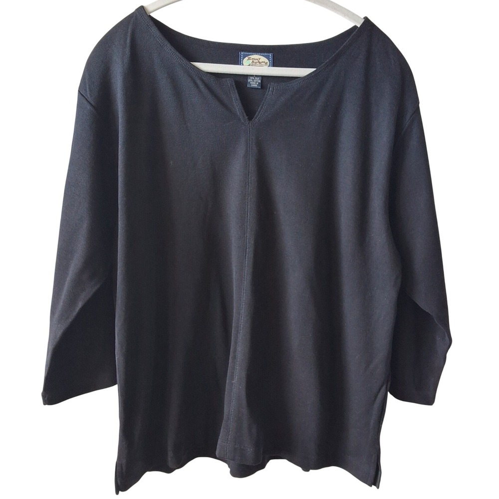 Tommy Bahama Womens Black Silk Cotton Split Neck 3/4 Sleeve Top Blouse Large